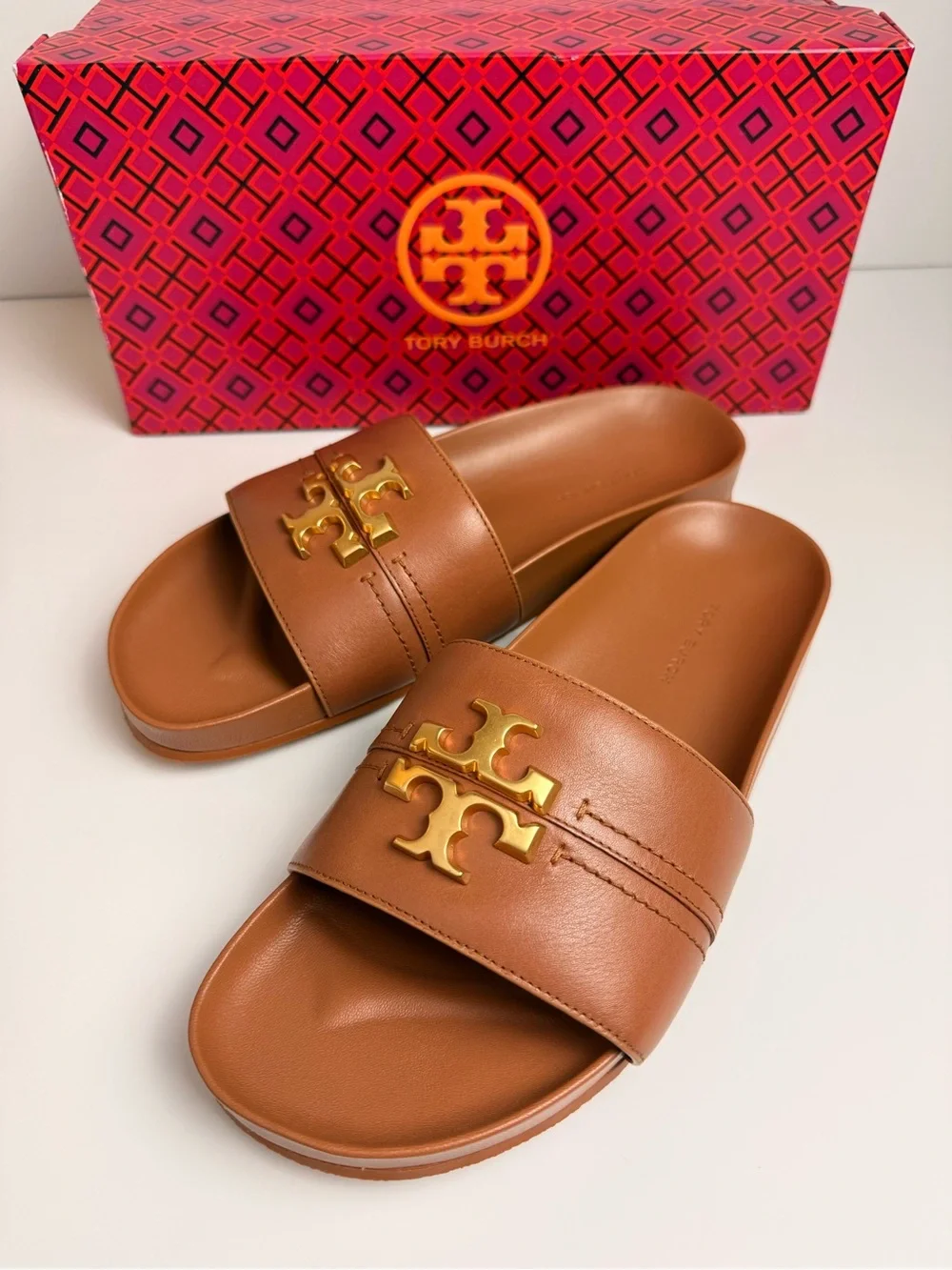 Tory Burch Everly Anatomic Cloud Slide Sandals Ambra Brown Leather Gold Logo 8